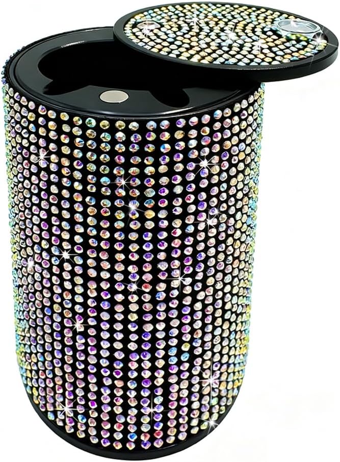 FALVFUN Bling Car Ashtray, Rhinestones Smokeless Smell Proof Vehicle Cup Holder Ash Tray with Lid, Sparkling Diamond Portable Automotive Interior Ashtray, Universal for SUV RV Truck (Muticolor) - Image 1